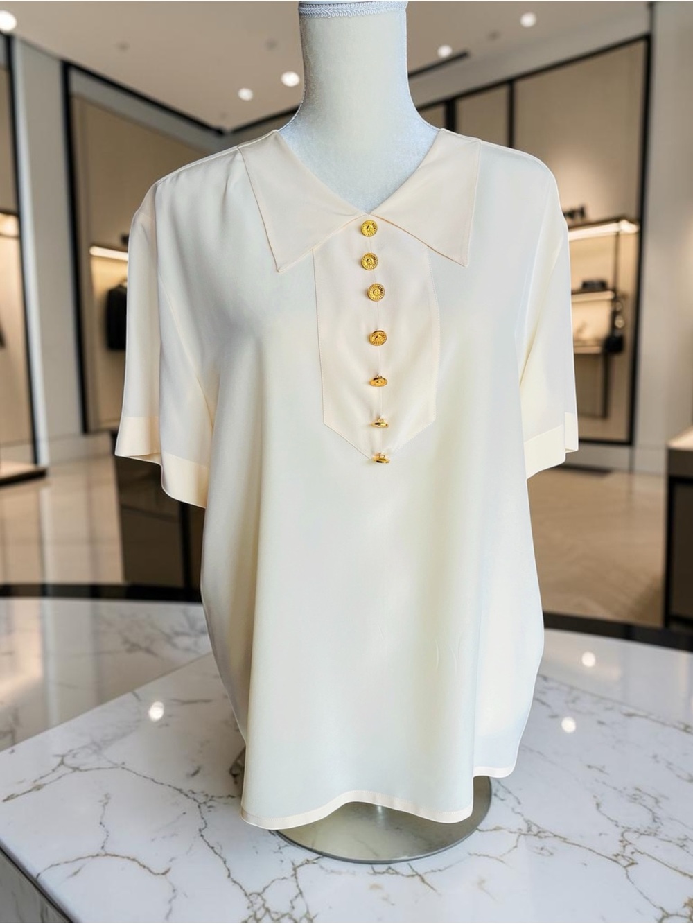 Auth  CHANEL Boutique Ivory Silk Blouse Gold CC Buttons France 44 /L Vintage